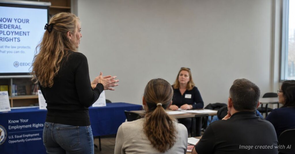 Former EEOC official leads a workplace rights workshop in a Colorado library meeting room.