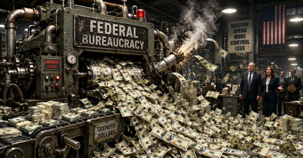 Federal bureaucracy machine malfunctioning while taxpayer money spills everywhere