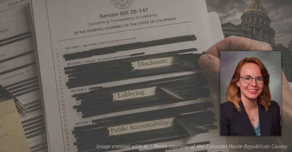 Legislative documents with redactions removed to symbolize public disclosure, with an inset photo of Rep. Dusty Johnson