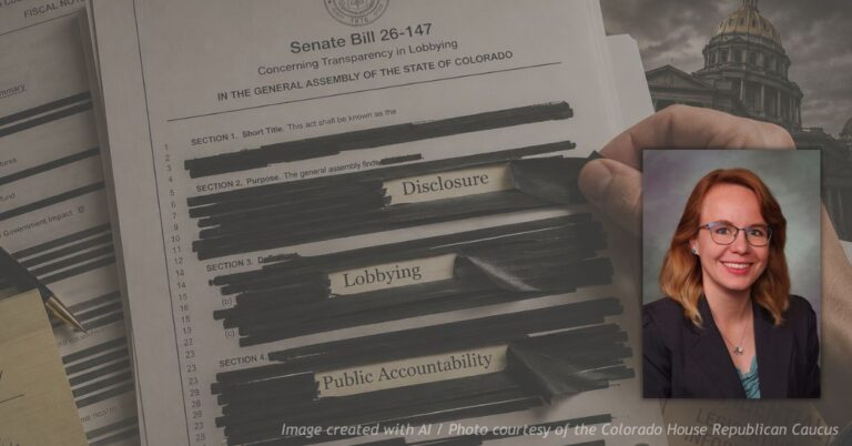 Legislative documents with redactions removed to symbolize public disclosure, with an inset photo of Rep. Dusty Johnson