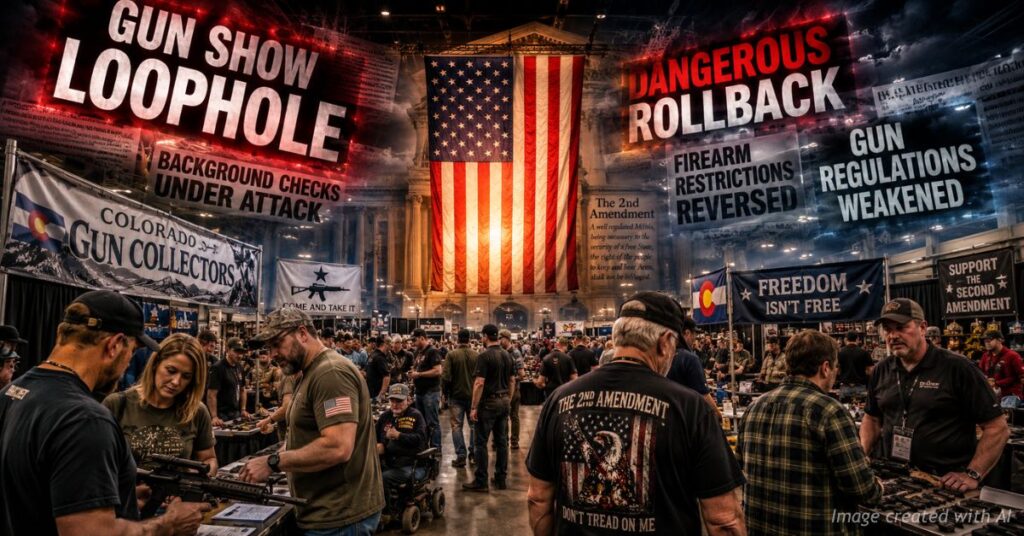 Lawful gun show attendees beneath dramatic floating media headlines and patriotic imagery.