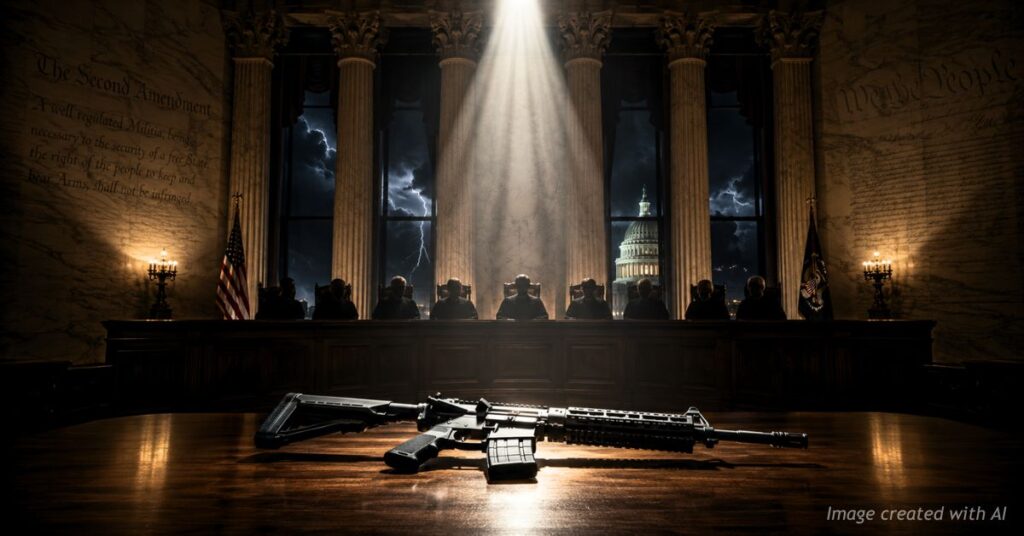 AR-15 under spotlight inside Supreme Court chamber before looming constitutional ruling.