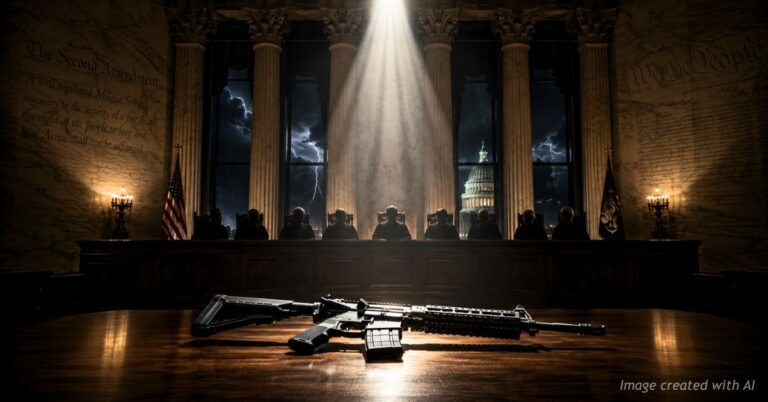 AR-15 under spotlight inside Supreme Court chamber before looming constitutional ruling.
