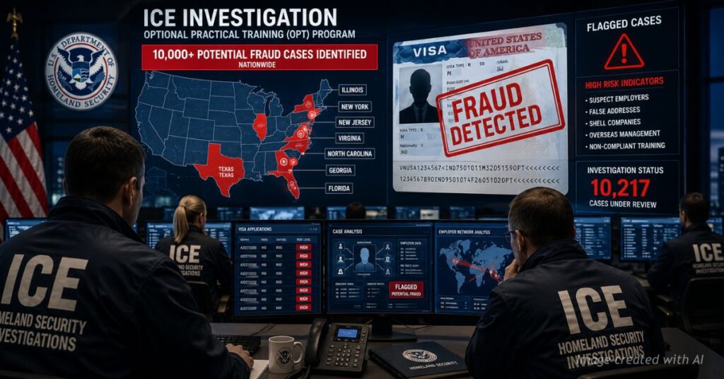 ICE agents reviewing flagged student visa fraud cases on digital screens