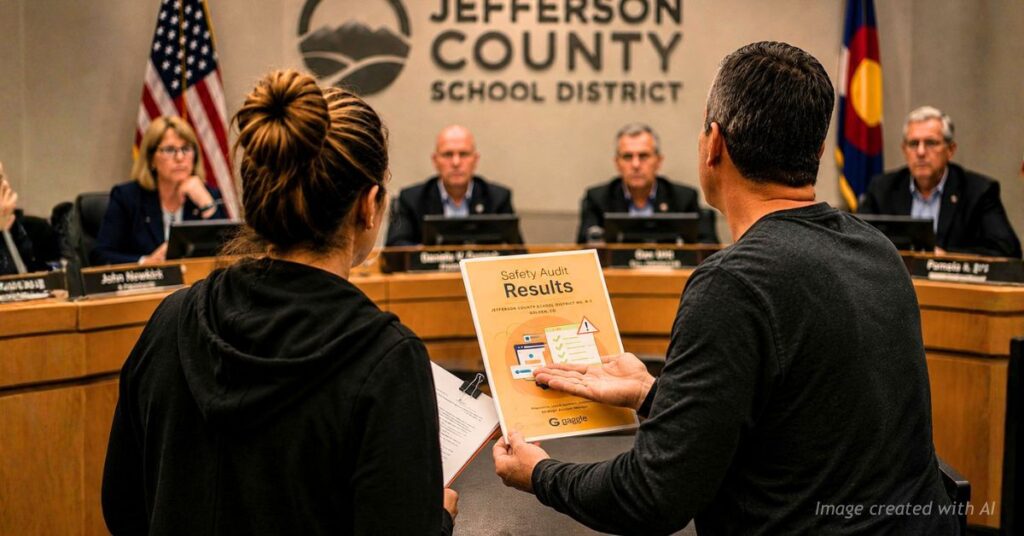 Parents confront Jeffco school board while presenting safety audit report during public meeting.