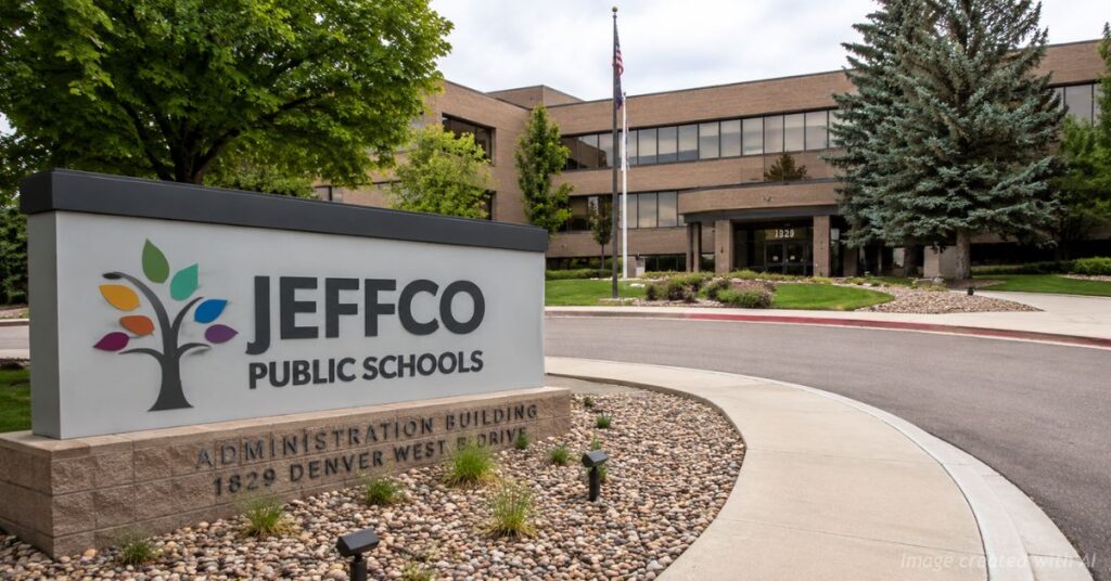Jeffco Public Schools administration building with roadside monument sign and landscaped campus entrance.