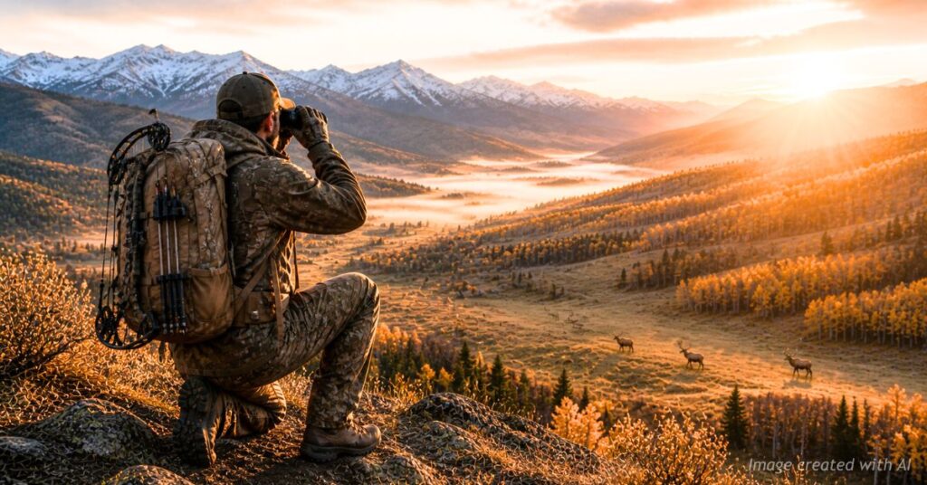 Hunter kneeling with rifle glassing elk herd in Colorado at sunrise