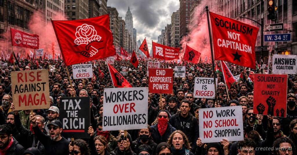 Large May Day protest crowd holding anti-capitalist and anti-MAGA signs with red flags