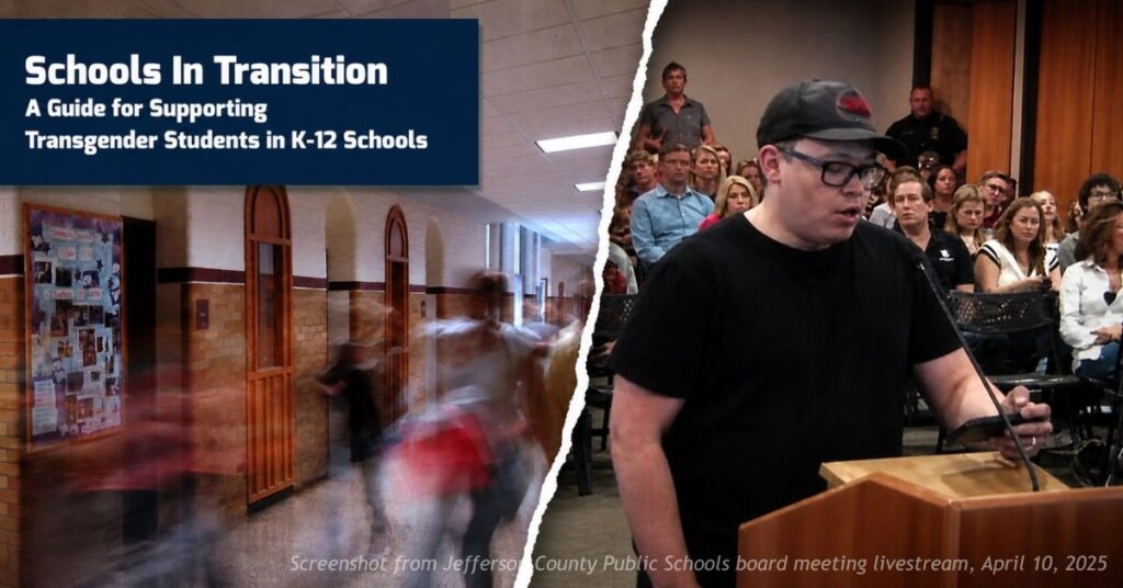 Split image showing the cover of the NEA's Schools in Transition guide alongside Dustin Gonzalez speaking at a Jefferson County school board meeting