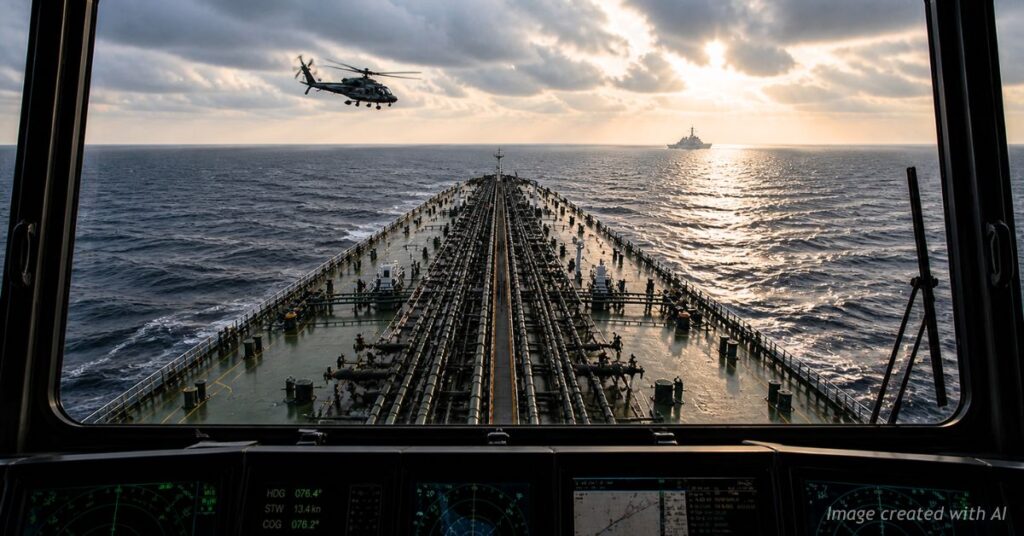 Oil tanker view with US destroyer and Apache helicopter escorting in open waters
