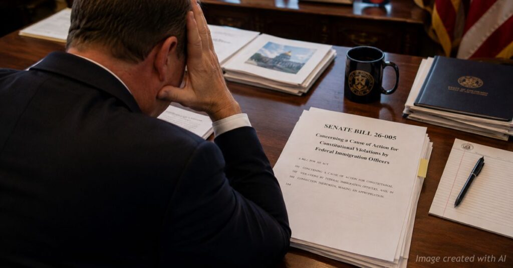 Over-the-shoulder view of Governor Jared Polis seated at his desk inside a formal government office, holding his forehead in stress while reviewing Senate Bill 26-005 related to lawsuits against federal immigration officers.