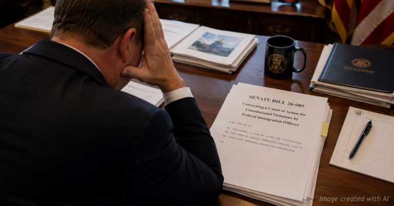 Over-the-shoulder view of Governor Jared Polis seated at his desk inside a formal government office, holding his forehead in stress while reviewing Senate Bill 26-005 related to lawsuits against federal immigration officers.