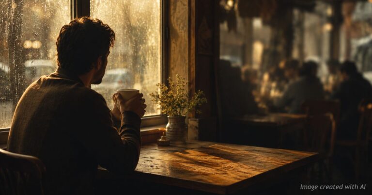 A man sits alone at a rain-streaked coffee shop window, hands wrapped around a mug, lost in quiet thought.