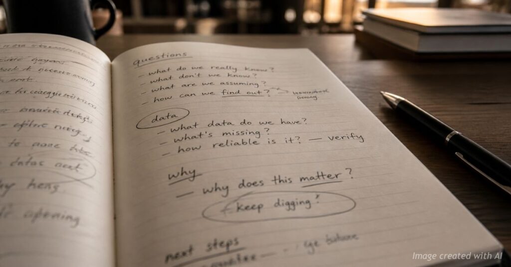 Notebook with handwritten questions and notes reflecting personal reconsideration