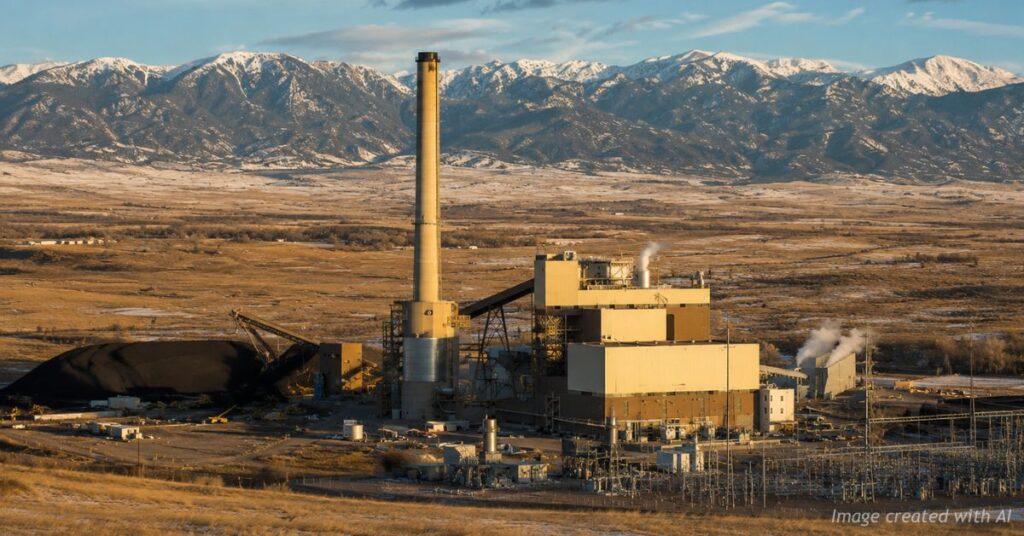 Ray Nixon Power Plant in Colorado with snow-covered Rocky Mountains in the background at sunset.