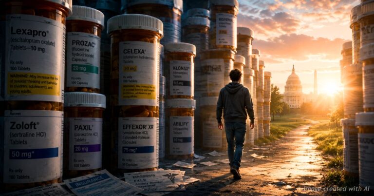 Young adult escaping towering maze of antidepressant prescription bottles into sunrise light.
