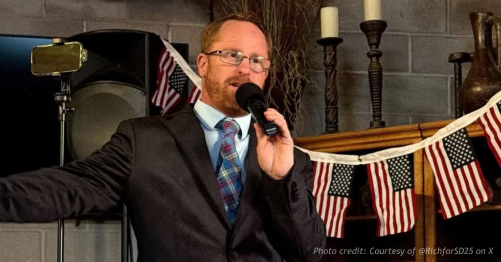 Rich Guggenheim speaks at his campaign launch party for Senate District 25 at Satire Brewing in Thornton on April 24, 2026.