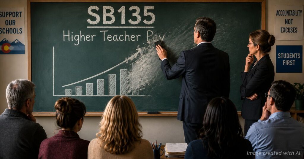Bureaucrats erase rising teacher pay chart beneath SB135 on classroom chalkboard as teachers watch.