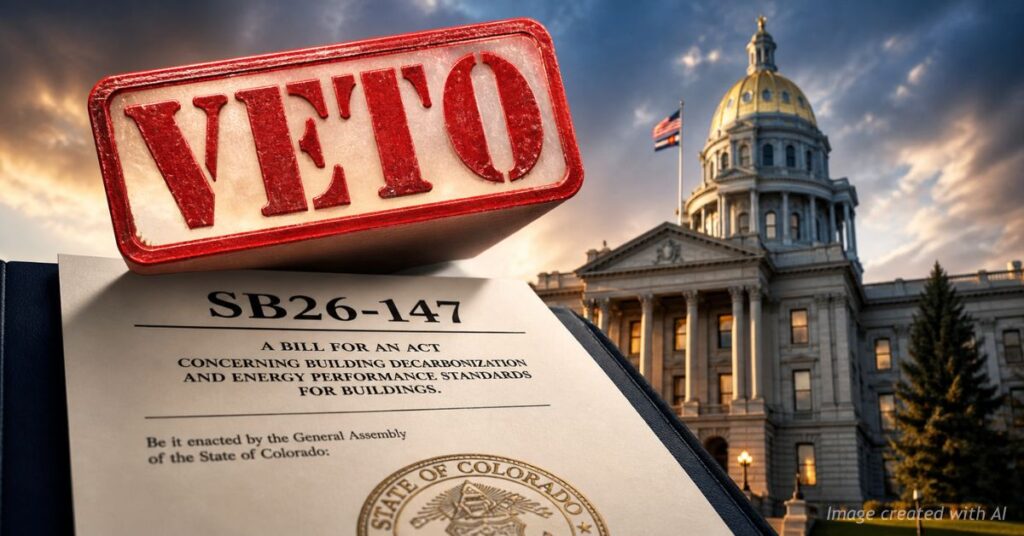 Veto stamp over SB26-147 with Capitol background