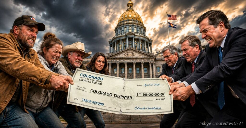 Colorado taxpayers and lawmakers struggle over a giant TABOR refund check outside the State Capitol.