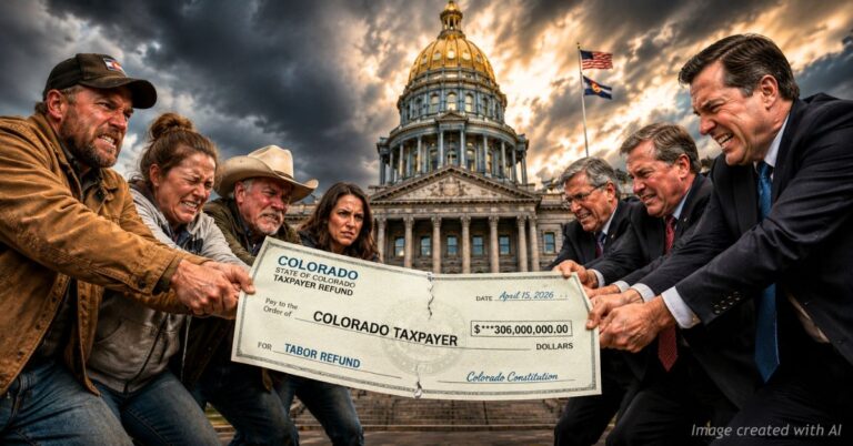 Colorado taxpayers and lawmakers struggle over a giant TABOR refund check outside the State Capitol.