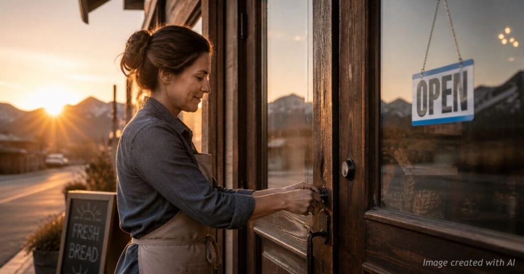 Business owner opening shop at sunrise symbolizing renewed optimism