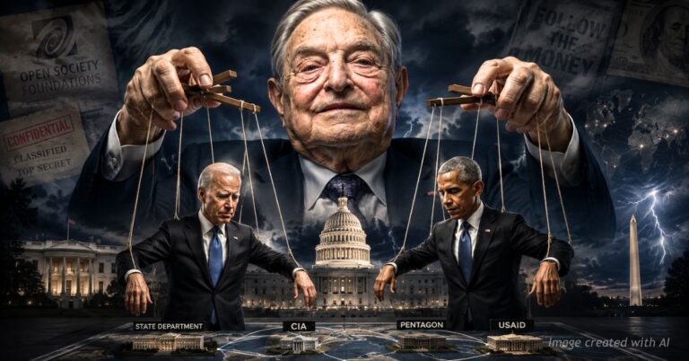 Editorial illustration depicting George Soros controlling Biden and Obama puppets over Washington.