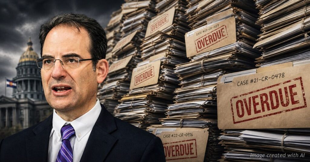 Colorado Attorney General Phil Weiser in front of the state Capitol building alongside towering stacks of case folders stamped "OVERDUE"