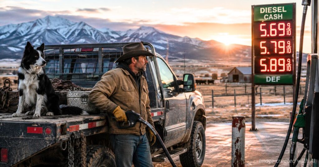 Colorado rancher fueling flatbed truck while border collie watches beside rising diesel prices.