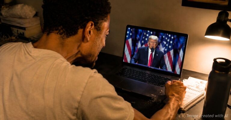 Over the shoulder view of a man watching Donald Trump speak on a laptop in a dimly lit room.