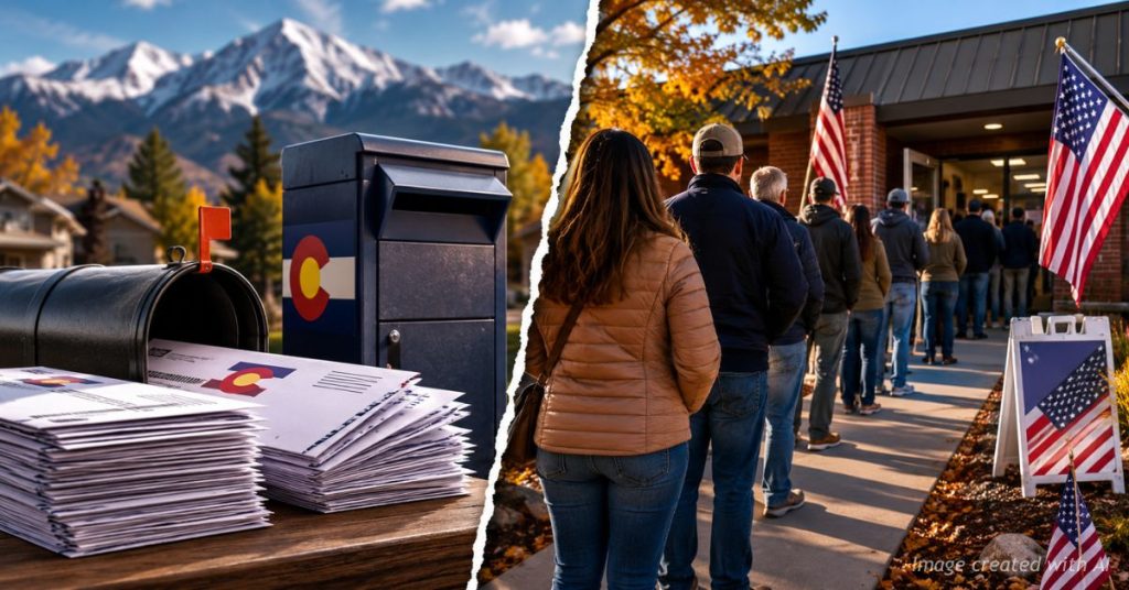 Split image comparing mail ballots and in-person voting in Colorado election debate.