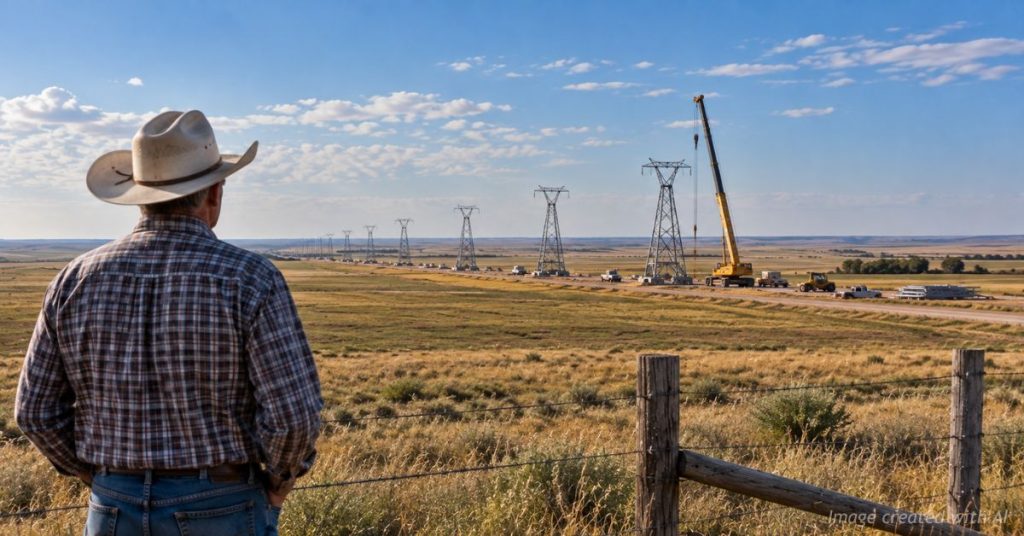 Rancher watches transmission towers being built across Colorado's Eastern Plains.