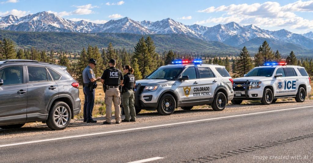Colorado State Patrol trooper confers with ICE agents during a simulated roadside enforcement scene.