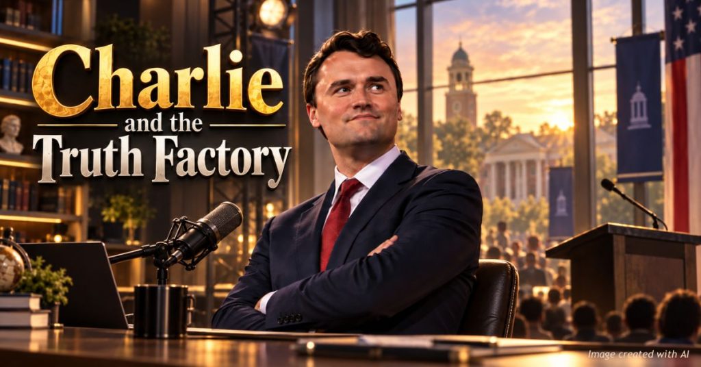 Charlie Kirk seated at a podcast-style desk with a microphone, with a campus event setting and lectern in the background beneath the title “Charlie and the Truth Factory.”