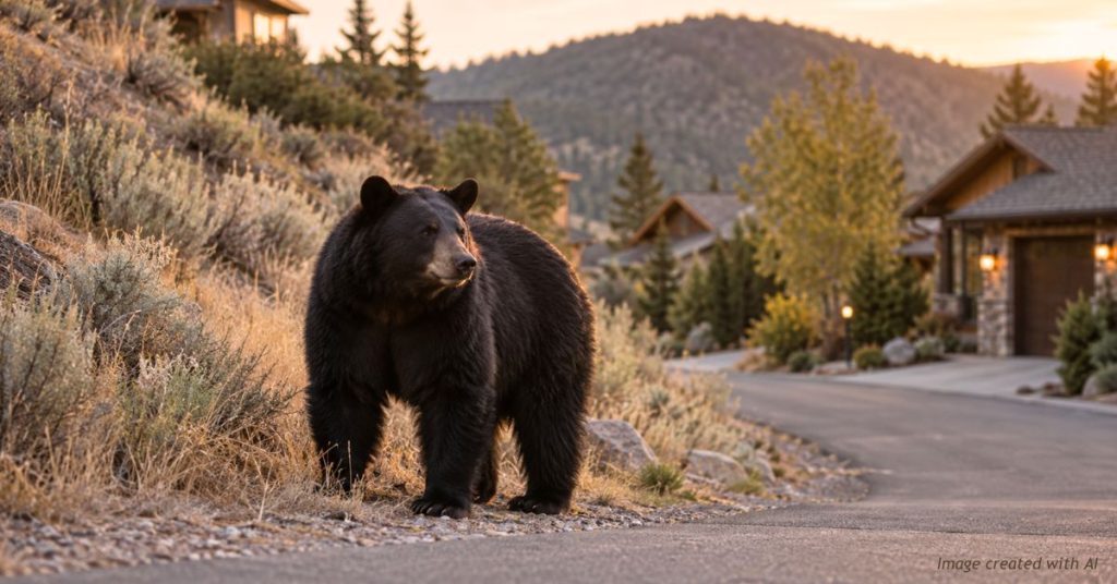 Black bear at the edge of a Colorado mountain neighborhood at dusk, dry hillside and homes behind it.