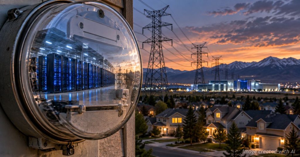 Electric meter reflects a large data center as power lines stretch toward Colorado homes.