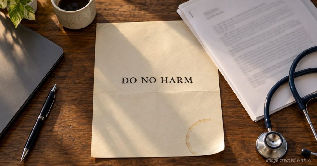 Page reading "DO NO HARM" beside a legal filing and stethoscope, symbolizing Colorado doctors' conscience fight