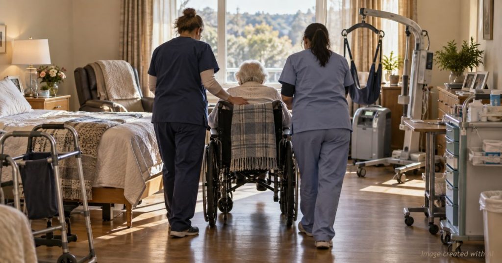 An elderly resident attended by caregivers amid long-term-care equipment, evoking rising Colorado Medicaid costs.