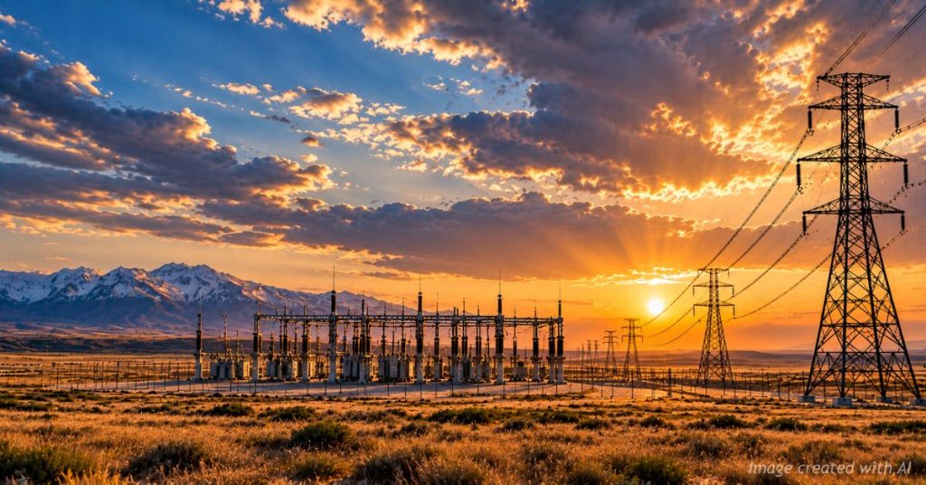 High-voltage transmission lines feed into a Colorado electrical substation beneath a sunset over the Rocky Mountains.