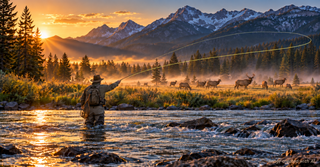 Fly angler casting in a Colorado river at sunrise as elk graze in a misty meadow below snow-capped peaks