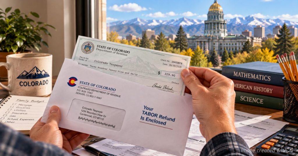 Colorado taxpayer opens a TABOR refund check with the State Capitol visible in the background.
