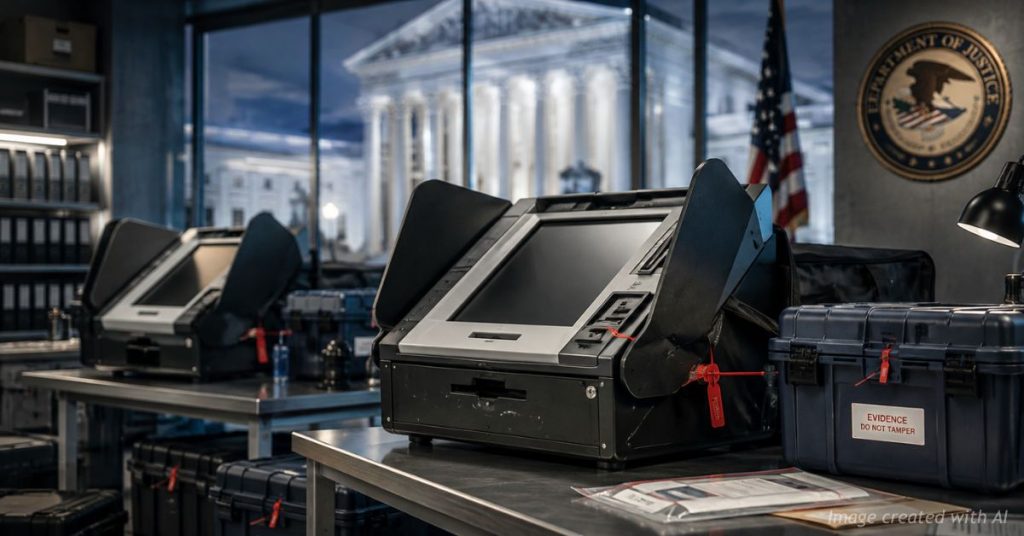 DOJ-themed setting with secured voting equipment representing renewed federal scrutiny of Pennsylvania machines.