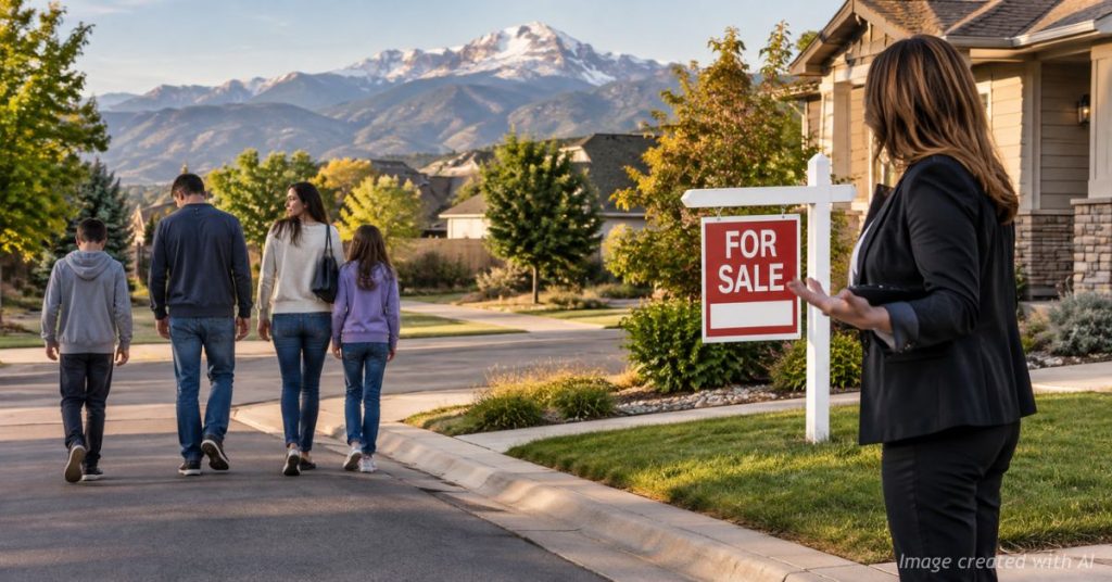 Family walks away from a Colorado Springs home for sale as a Realtor gestures beside the property.