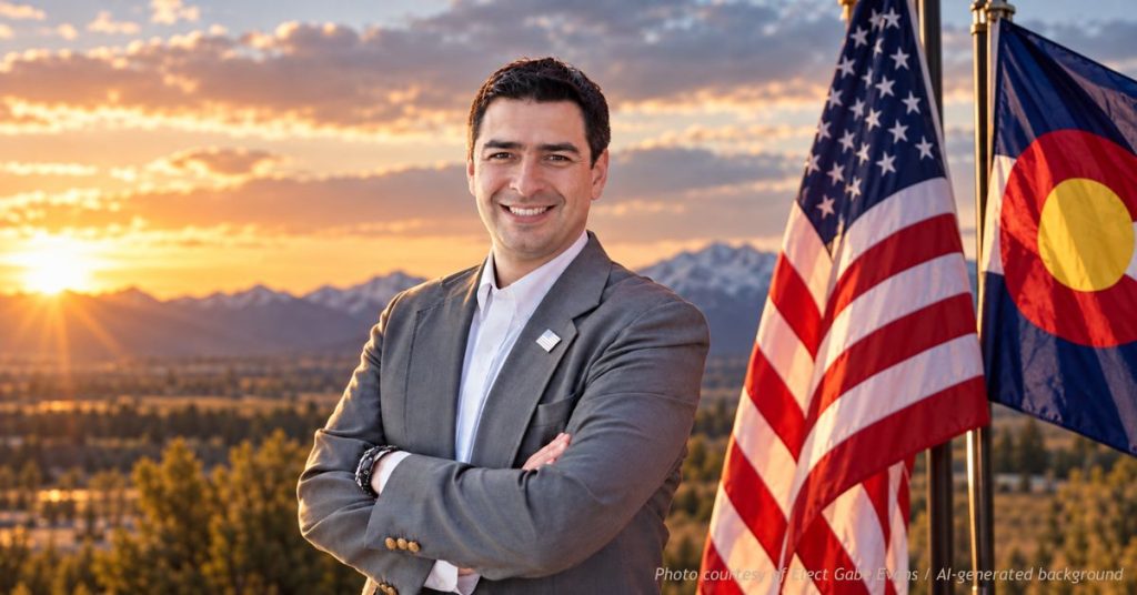 Rep. Gabe Evans stands with arms crossed before American and Colorado flags at sunset over the Front Range.