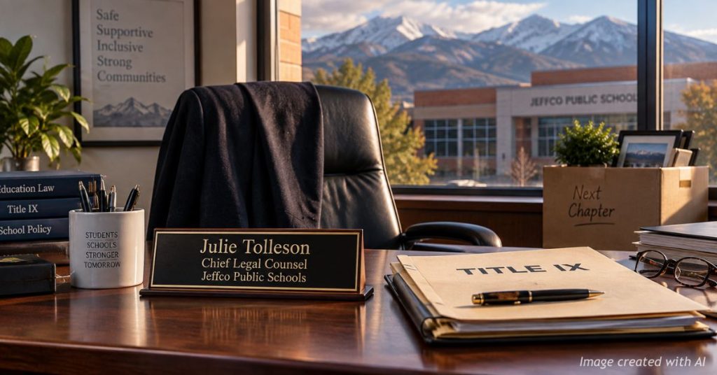 Empty legal counsel chair beside a Title IX case file symbolizes leadership change at Jeffco Public Schools.