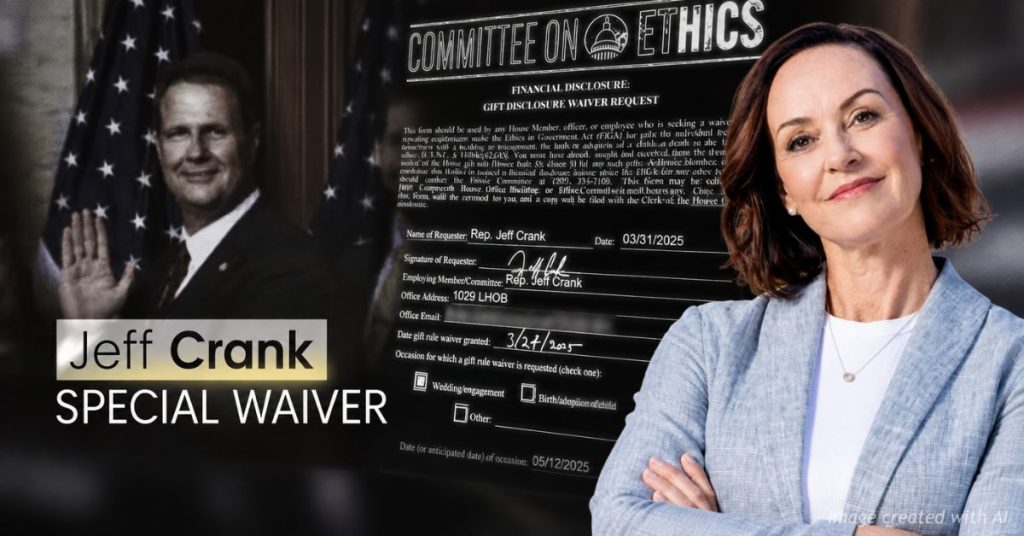 Jessica Killin pictured over an attack ad showing Jeff Crank and his congressional gift disclosure waiver.