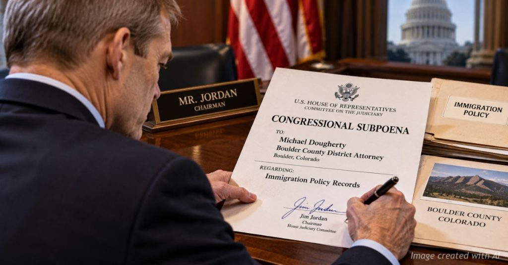 Jim Jordan signs a congressional subpoena directed to Boulder County District Attorney Michael Dougherty.