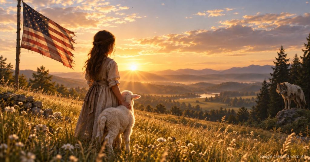 Shepherd girl and white lamb in a golden meadow with an American flag; a wolf in a sheepskin watches from the treeline.