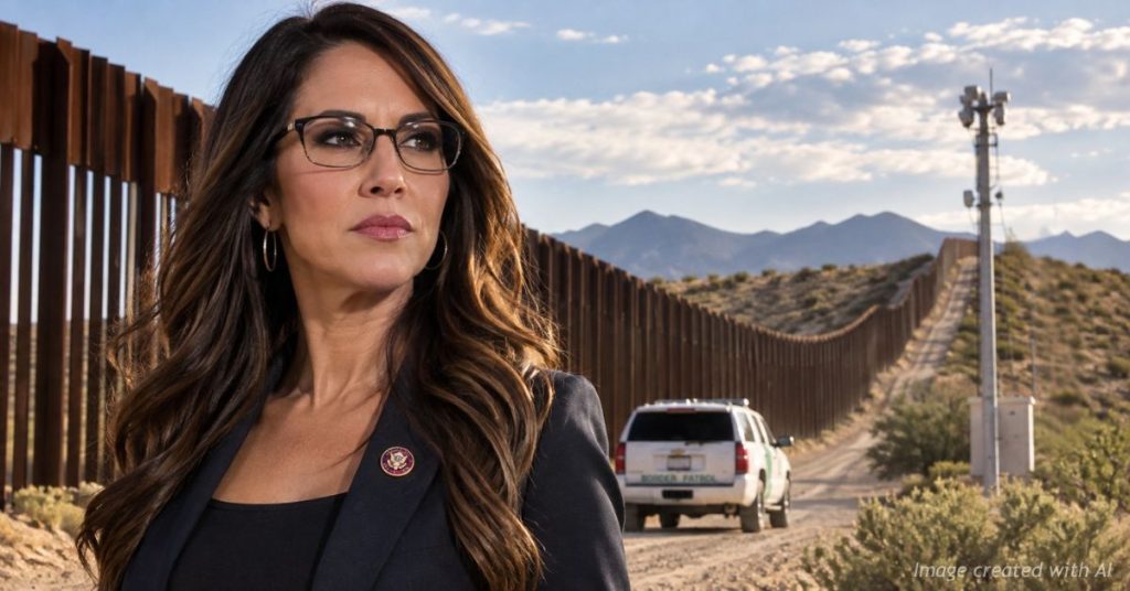Lauren Boebert stands in the foreground with the U.S. southern border wall and Border Patrol vehicle behind her.
