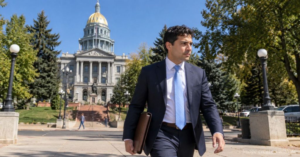 Manny Rutinel depicted walking away from the Colorado State Capitol after leaving the legislature.